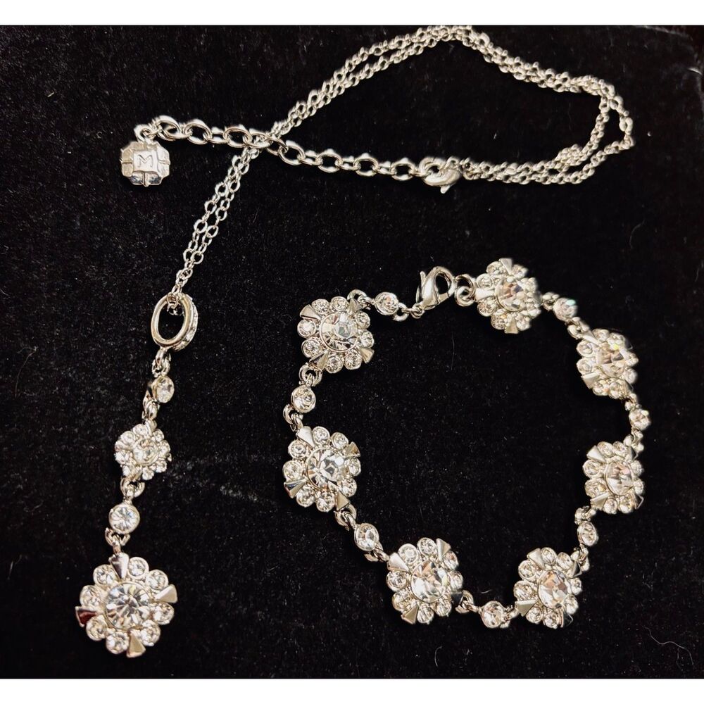 VTG Pre-1955 Signed MONET Demi-Parure Floral Rhinestone Necklace & Bracelet Set